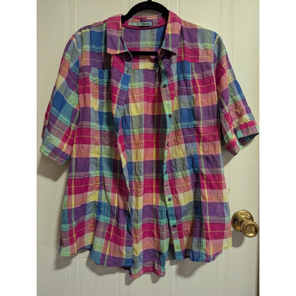 maurices Women's XL Multicolor Plaid Button-Up Shirt Short Sleeve Retro Vibes